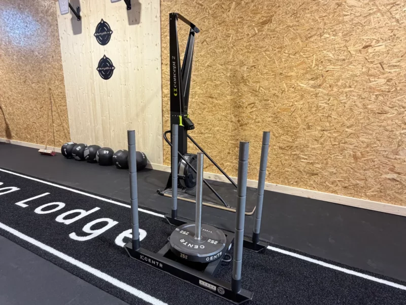 Zone hybride du Training Lodge : rameur Concept2 et médecine-balls sur le tapis Training Lodge
