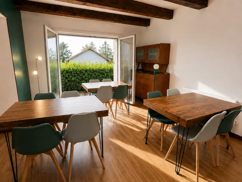 Salle à manger lumineuse du Training Lodge, poutres apparentes et ouverture sur le jardin
